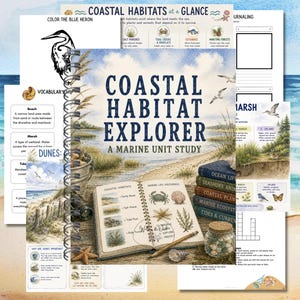 May include: A spiral-bound educational workbook titled Coastal Habitat Explorer: A Marine Unit Study. The cover features a watercolor illustration of a beach, a notebook with marine life drawings, a pencil, seashells, and a jar of sea glass.