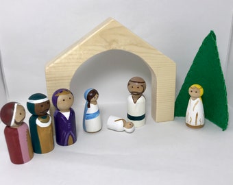 Complete Nativity Peg Doll Set with Manger