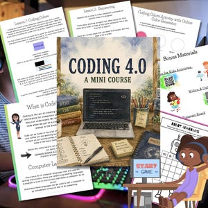 Puede incluir: Una colección de materiales educativos titulada Coding 4.0 A Mini Course, que presenta una imagen central de una computadora portátil mostrando código, rodeada de libros apilados etiquetados HTML, CSS, JavaScript y Python, y hojas de trabajo con robots.