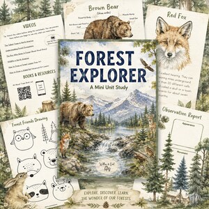 May include: A Forest Explorer mini unit study educational set featuring a central cover with a mountain landscape, a brown bear, and a fox. Surrounding pages include a brown bear anatomy diagram, a red fox fact sheet, drawing guides, and a QR code.