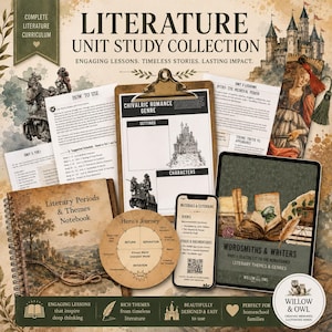 May include: A literature unit study collection featuring a clipboard with a Chivalric Romance worksheet, a spiral-bound notebook titled Literary Periods & Themes, a circular Hero's Journey chart, a smartphone, and a tablet displaying Wordsmiths & Writers.