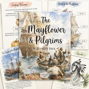 以下が含まれることがあります： 「The Mayflower & Pilgrims」と題された印刷済みアクティビティパック。メイフラワー号、時代衣装を着た人々が乗る小舟、歴史上の人物の水彩画が描かれています。テキスト付きの教育用ページが含まれています。