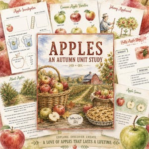 Könnte beinhalten: Eine Sammlung von Arbeitsblättern und ein zentraler Studienleitfaden mit dem Titel Apples An Autumn Unit Study. Die Materialien enthalten Aquarellillustrationen von Apfelplantagen, einer roten Scheune, einem Korb mit Äpfeln, einem Kuchen und Text.
