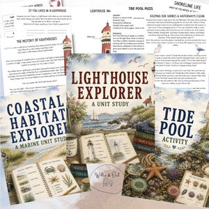Op de afbeelding: Een verzameling educatieve lesmaterialen getiteld Lighthouse Explorer, Coastal Habitat Explored en Tide Pool Activity. De pagina's bevatten aquarelillustraties van vuurtorens, het onderwaterleven en kustlandschappen met gedrukte tekst.
