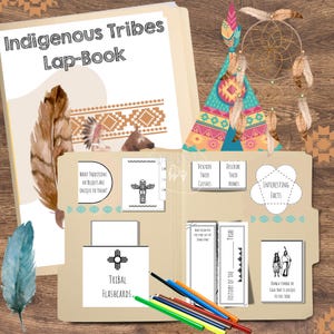 May include: A tan Indigenous Tribes Lap-Book with colorful illustrations and text. The cover reads "Indigenous Tribes Lap-Book." Inside are flashcards, drawings, and text boxes with prompts like "Describe Their Clothes" and "Interesting Facts." Colored pencils are in the foreground.