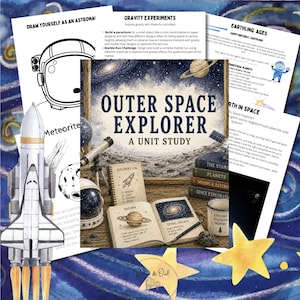 May include: A collection of educational space-themed materials including a unit study book titled Outer Space Explorer, a telescope, an open notebook with Saturn and galaxy illustrations, a rocket ship graphic, and printed activity sheets.