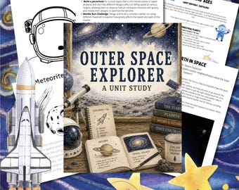 May include: A collection of educational space-themed materials including a unit study book titled Outer Space Explorer, a telescope, an open notebook with Saturn and galaxy illustrations, a rocket ship graphic, and printed activity sheets.