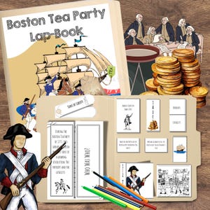 May include: A Boston Tea Party Lap-Book with illustrations of historical figures, a ship, and text. The open folder displays various informational cards, including "Sons of Liberty" and "Who Was Who?" along with colored pencils.