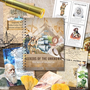 Op de afbeelding: Een collage van historische exploratie-thema-items. Bevat een dagboek met de titel "Seekers of the Unknown", portretten van ontdekkingsreizigers, kaarten, een kompas en een telescoop. Het kleurenpalet is warm, met sepiatinten.