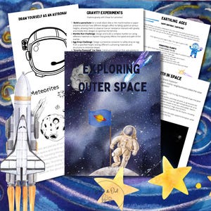 May include: A colorful illustration of an astronaut standing on the moon with a blue flag with a planet on it. The text "Exploring Outer Space" is in a large font. The illustration is surrounded by stars and a comet.