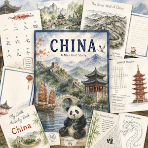 Pode incluir: Uma coleção de folhas de atividades educativas e um guia de estudo intitulado China: A Mini Unit Study. As páginas apresentam ilustrações em aquarela da Grande Muralha, um pagode, um panda comendo bambu, um junco e vários exercícios.
