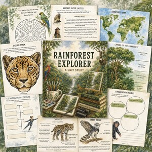 May include: A Rainforest Explorer unit study set featuring educational activity sheets, a jaguar mask template, a world map, and a central cover page with a waterfall illustration, books, and art supplies, all printed on off-white paper.