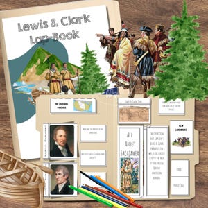 May include: A Lewis & Clark Lap-Book with illustrations of the expedition, including portraits of the explorers, Sacajawea, and maps. The lap-book features the text "Lewis & Clark Lap-Book" and other educational content.