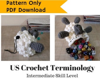 PATTERN: Sheep Drawstring Bag, Crochet pattern, tutorial, toy handbag, amigurimi coin purse, easter lamb, gift for girl, D&D, dice