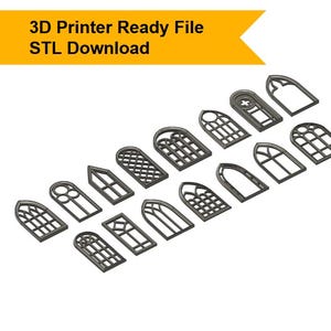 Può includere: Una collezione di modelli di finestre grigio scuro, ognuno con dettagli architettonici unici. L'immagine include il testo "3D Printer Ready File STL Download" in un banner giallo.
