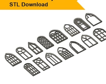 May include: A selection of dark grey window designs, each with distinct architectural features. The image includes the text "3D Printer Ready File STL Download" in a yellow banner.