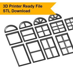 以下が含まれることがあります： さまざまなスタイルの黒い3Dプリントの窓枠のコレクション。アーチ型や長方形のデザインが含まれています。画像には「3D Printer Ready File STL Download」というテキストが含まれています。