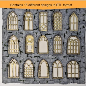 May include: A collection of 15 different gold-colored window designs in various shapes and styles, set against a gray stone wall background. The text at the top reads, "Contains 15 different designs in STL format."