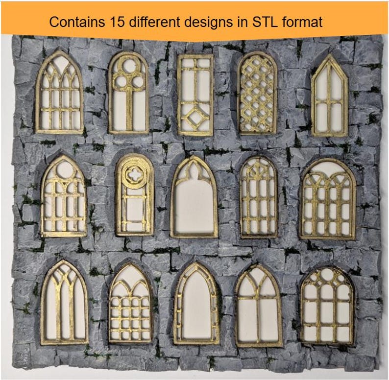 May include: A collection of 15 different gold-colored window designs in various shapes and styles, set against a gray stone wall background. The text at the top reads, "Contains 15 different designs in STL format."
