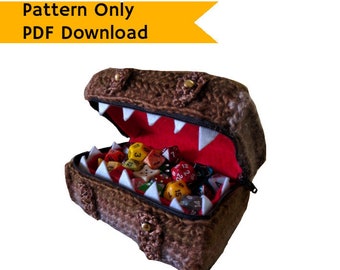 PATTERN: Mimic treasure chest dice box, crochet tutorial, monster, DIY, guide, RPG dice box instructions, roleplaying gift, intermediate