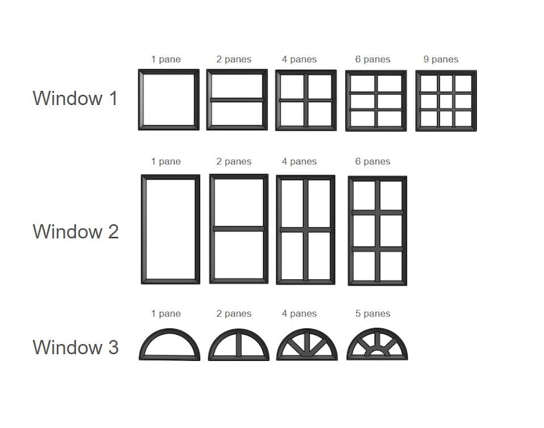 May include: A diagram showing three window designs with different numbers of panes. Window 1 is square, Window 2 is rectangular, and Window 3 is arched. Each window style is shown with 1, 2, 4, 5, 6, or 9 panes. The windows are black.