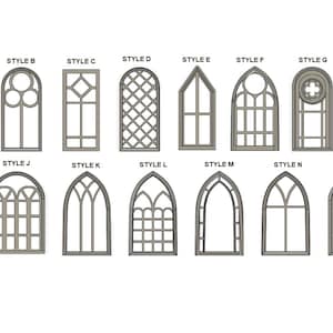 May include: A collection of fifteen different window frame designs, each labeled with a style letter from A to O. The frames are in a neutral color, with various arched and geometric patterns. The image is on a white background.