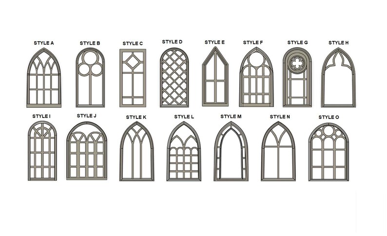 May include: A collection of fifteen different window frame designs, each labeled with a style letter from A to O. The frames are in a neutral color, with various arched and geometric patterns. The image is on a white background.