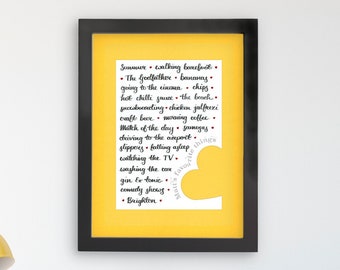 My Favourite Things Personalised Artwork Framed · custom original wall art · calligraphy gift for mum · gift for dad