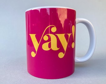 ¡Genial! Taza de cerámica rosa fucsia · Taza de café tipográfica · Taza rosa magenta brillante
