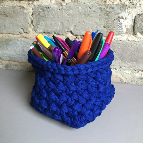 5.5" blue hand knitted pot · navy desk organiser · small blue storage basket · makeup storage · home office storage