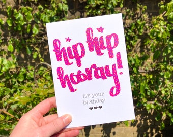 Hip Hip Hooray it's your birthday card · pink birthday card · personalisable calligraphy greeting card · happy birthday card