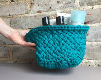 7" teal green storage basket – handknit storage basket · large bathroom storage caddy · fabric teal basket · large hallway basket