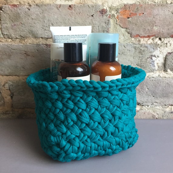 Large teal green storage basket hand knitted basket bathroom Etsy