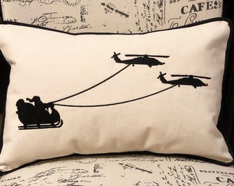 Embroidered MH-60R Helicopter Christmas Pillow: Santa's Sleigh Lumbar Cushion