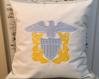 Navy Officer Crest Pillow: Appliqued Cotton Canvas, Military Gift