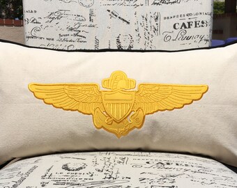 Handmade Navy Pilot Wings Lumbar Pillow: Personalized Aviation Gift