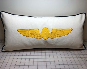 Handmade Aerospace Experimental Psychologist Wings Lumbar Pillow: Navy & Gold