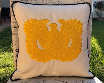 Army Warrant Officer Pillow: Gold Rising Eagle Applique, 16" Cotton Canvas