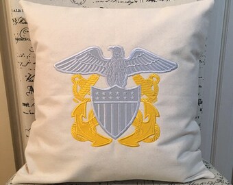 Navy Officer's Crest Pillow Cover: Appliqued Cotton Canvas, 16"x16"