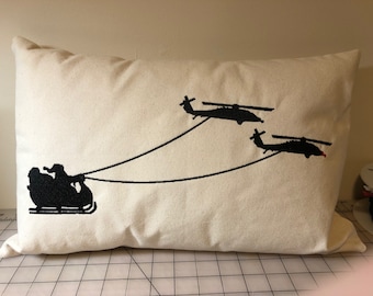 Embroidered MH-60S Helicopter Christmas Pillow: Santa's Sleigh Lumbar Cushion