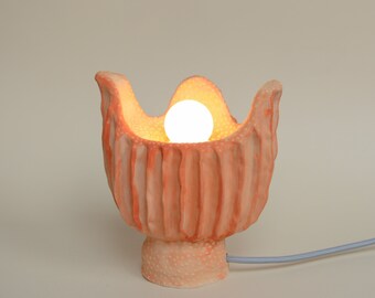 Orange Flower Blossom Form Handmade Ceramic Table Lamp, Ambient Bedside Light Lamp, One and Only Contemporary Design