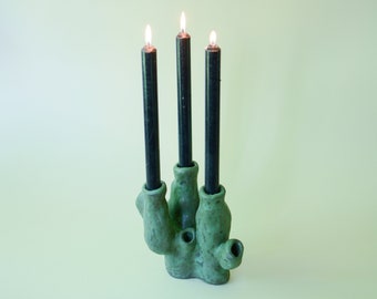 Moss Green Triple Ceramic Candle Holder Handmade, Modern Minimalist Design, Contemporary, One of The Kind Design