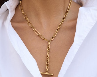 T Bar Necklace - Chunky Y Necklace - Chunky Gold Chain Necklace - Y Shape Necklace