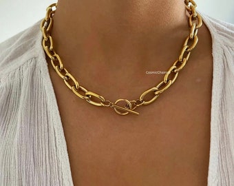 Chunky Chain Choker - Gold Chunky Chain Necklace - Thick Link Chain Necklace - Gold Toggle Necklace