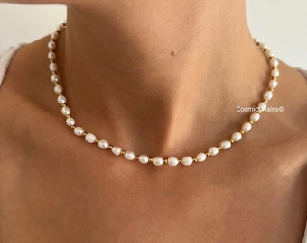 Gargantilla dorada - Gargantilla de una sola perla - Delicado collar de perlas - Collar resistente al agua - Collar de perlas auténticas