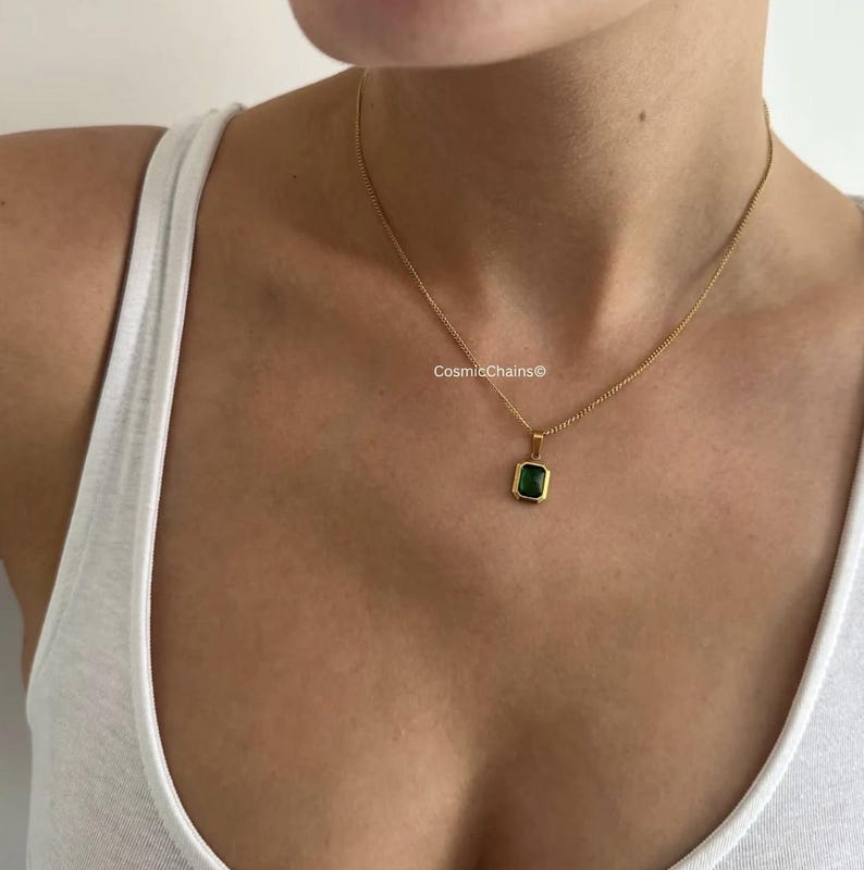 Green Pendant Necklace - Small Dainty Necklace - Necklace for Women - 18kt Gold Plated image 2