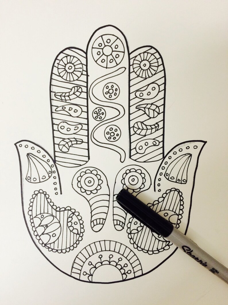 Adult coloring pages hand drawn Hamsa Judaica pattern | Etsy