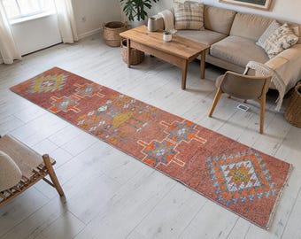 Tappeto passatoia mesopotamico unico con motivo alieno, 3x11, turco, annodato a mano, con motivo di antichi alieni, tappeto per corridoio.