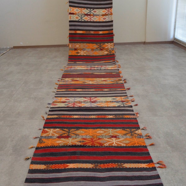 2'3" x 15'3" Turkish Handwoven Kilim Runner 28" x 184" Antique Hand Woven Wool Flat weave Long Runner Kilim Rug 71 cm x 467 cm Sku : BS2881