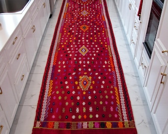 3x11 ft Vintage Turkish Rug Runner Hand woven hand-embroidered wool Kilim Hallway Runner